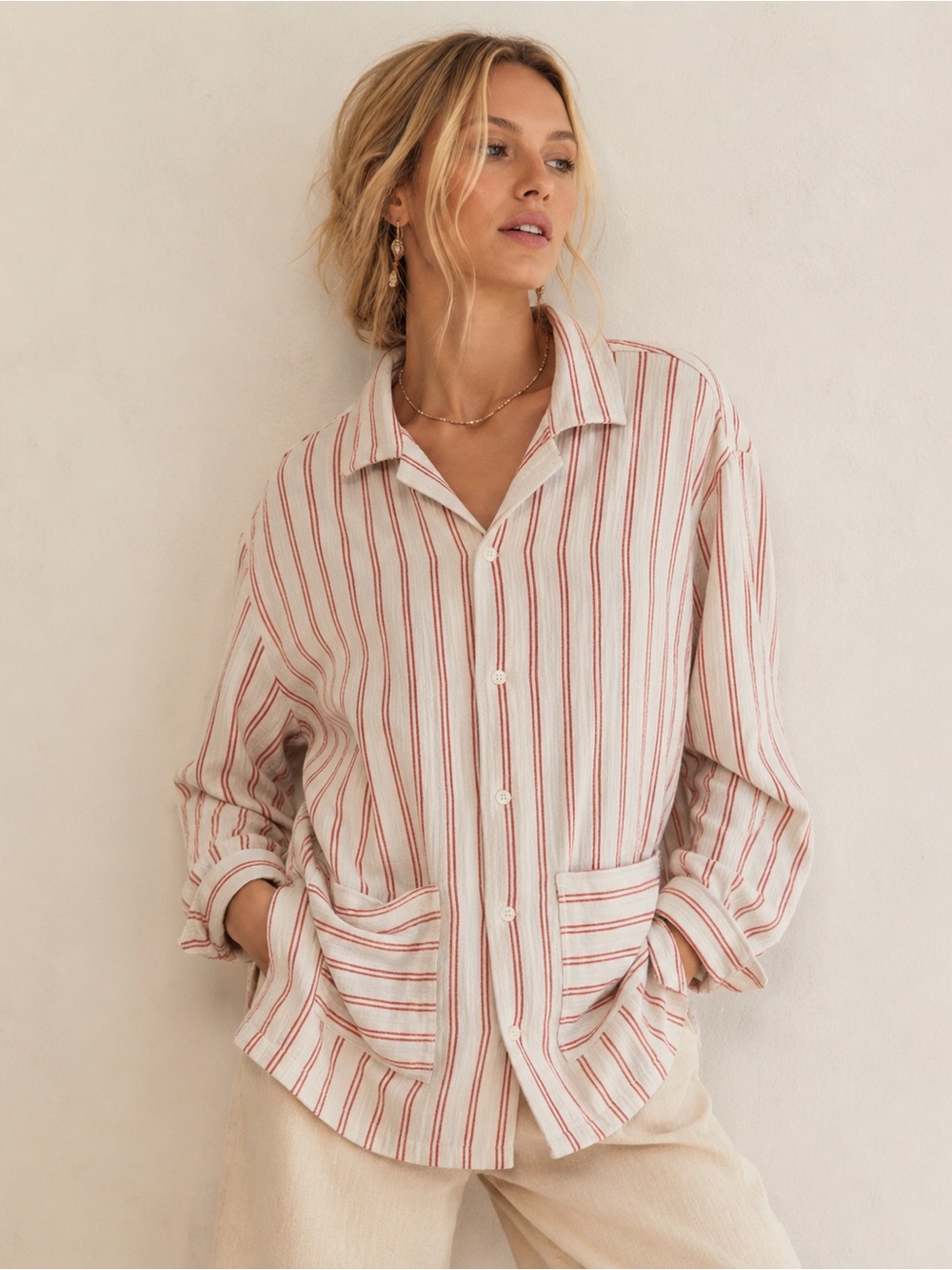 Zara Cream & Red Striped Cotton Gauze Button-Down Shacket Overshirt XL